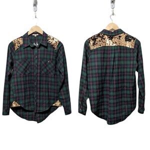 NWT MAY & JULY Plaid Double Sequin Boyfriend Shirt S